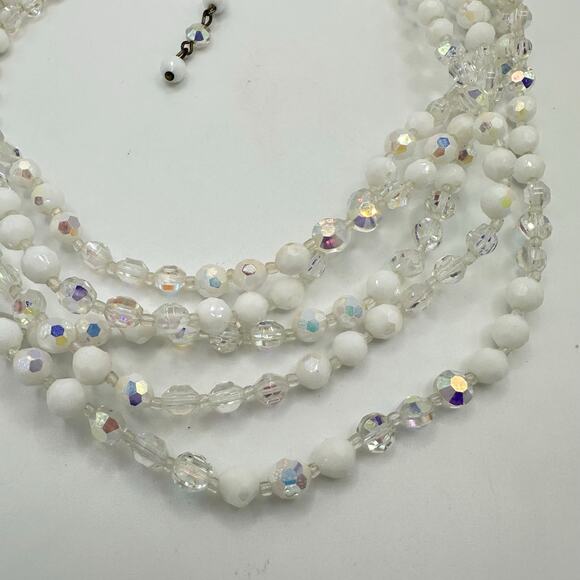 1950s vintage aurora borealis clear milk glass 5 multi strand beaded necklace - Picture 7 of 9
